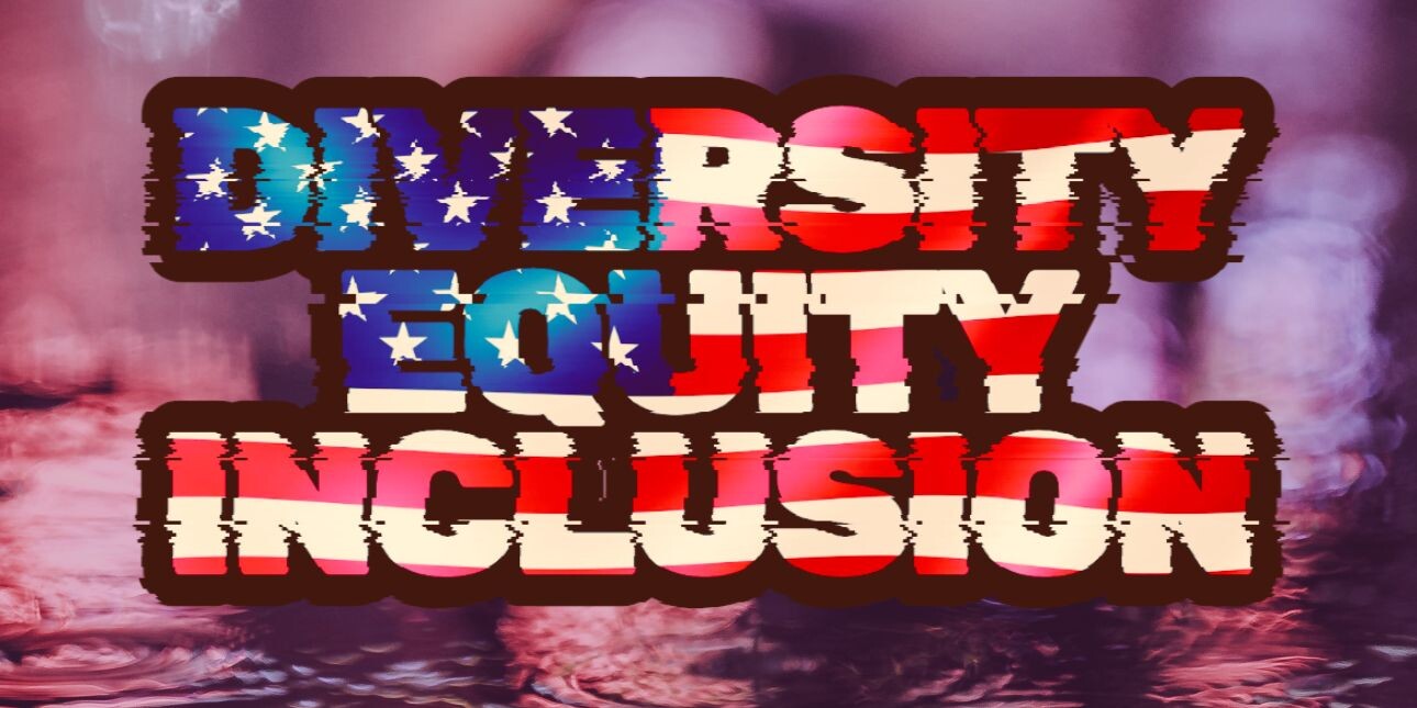 The words DIVERSITY, EQUITY and INCLUSION are written on a pink background with the top left corner of the screen covered in blue with white stars and the rest in red and white stripes representing the American flag